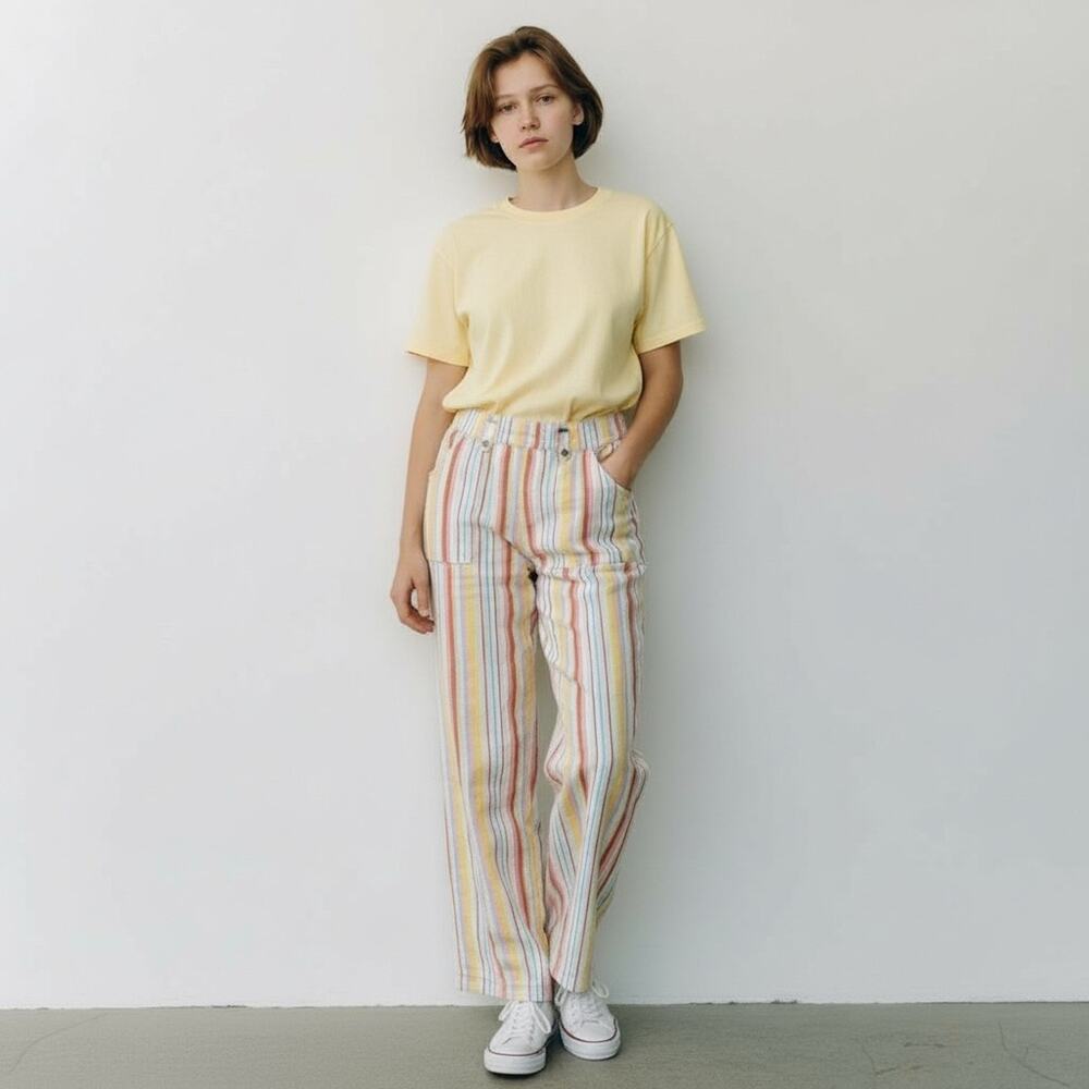 SO Linen Blend Casual Striped Pants Large Pink Blue Yellow White Coastal